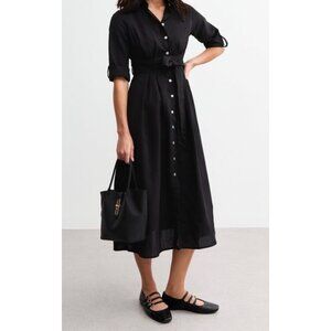 Fransesca Bettini Linen Shirt Midi Dress Womens Medium Black Waist Belt Sundress